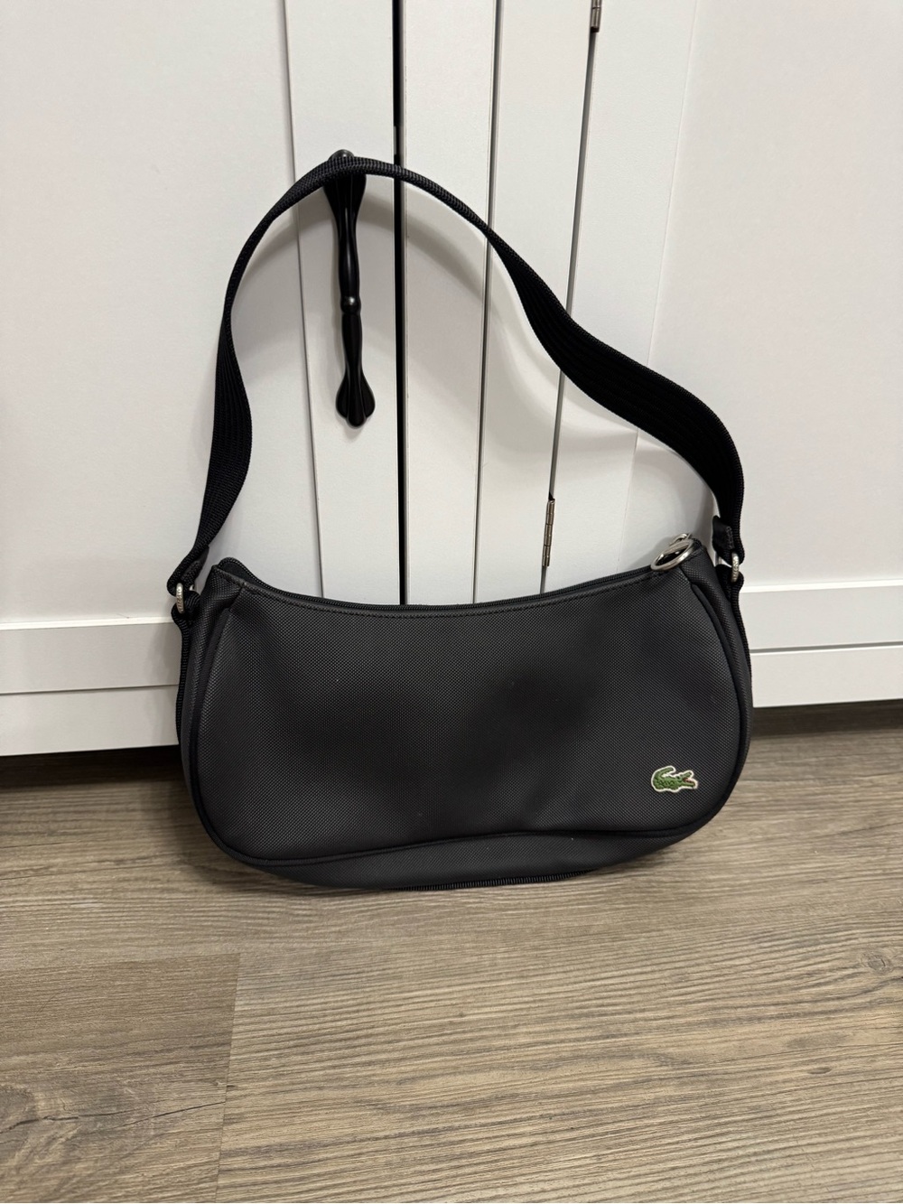 Lacoste  Shoulder Bag Purse Black Green Striped Lining Logo